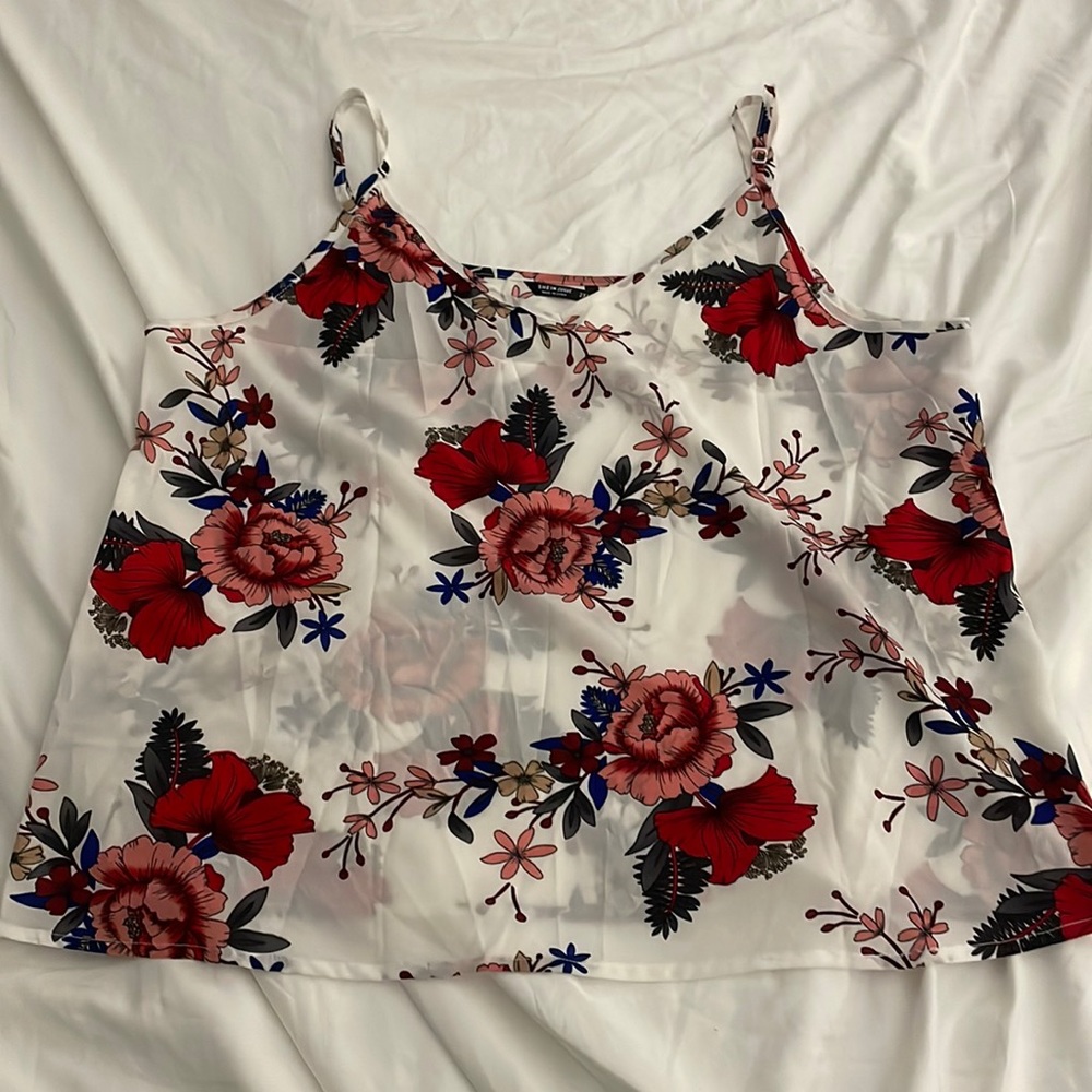 Red and pink florals on white spaghetti strap tank